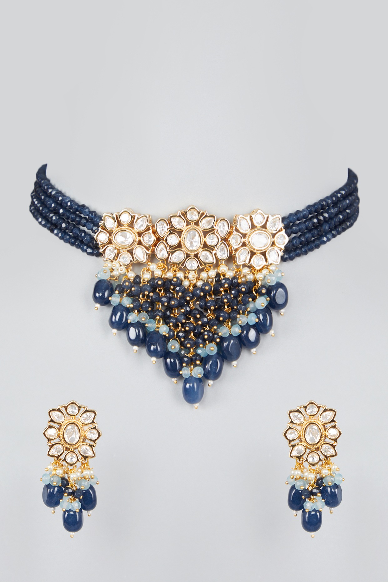 Premium Quality Ruby,Blue Star Stoned,Golden Balls,Jumka Earrings Design  Gold Finish Necklace Set Buy Online